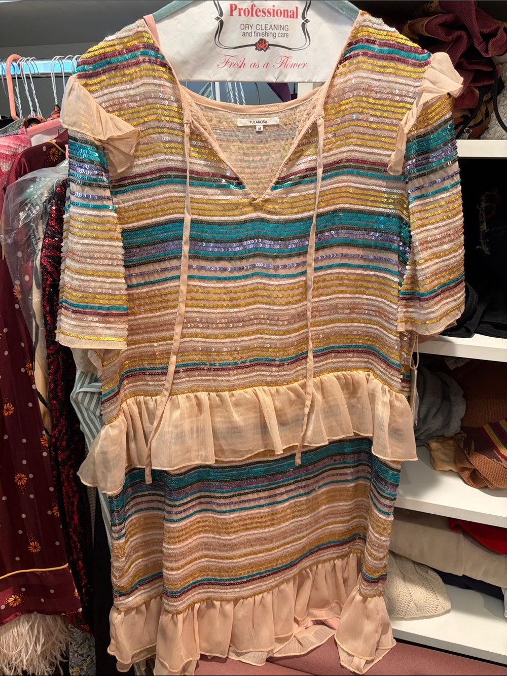 Tularosa Peach Striped Ruffle Dress with Teal and Gold Accents